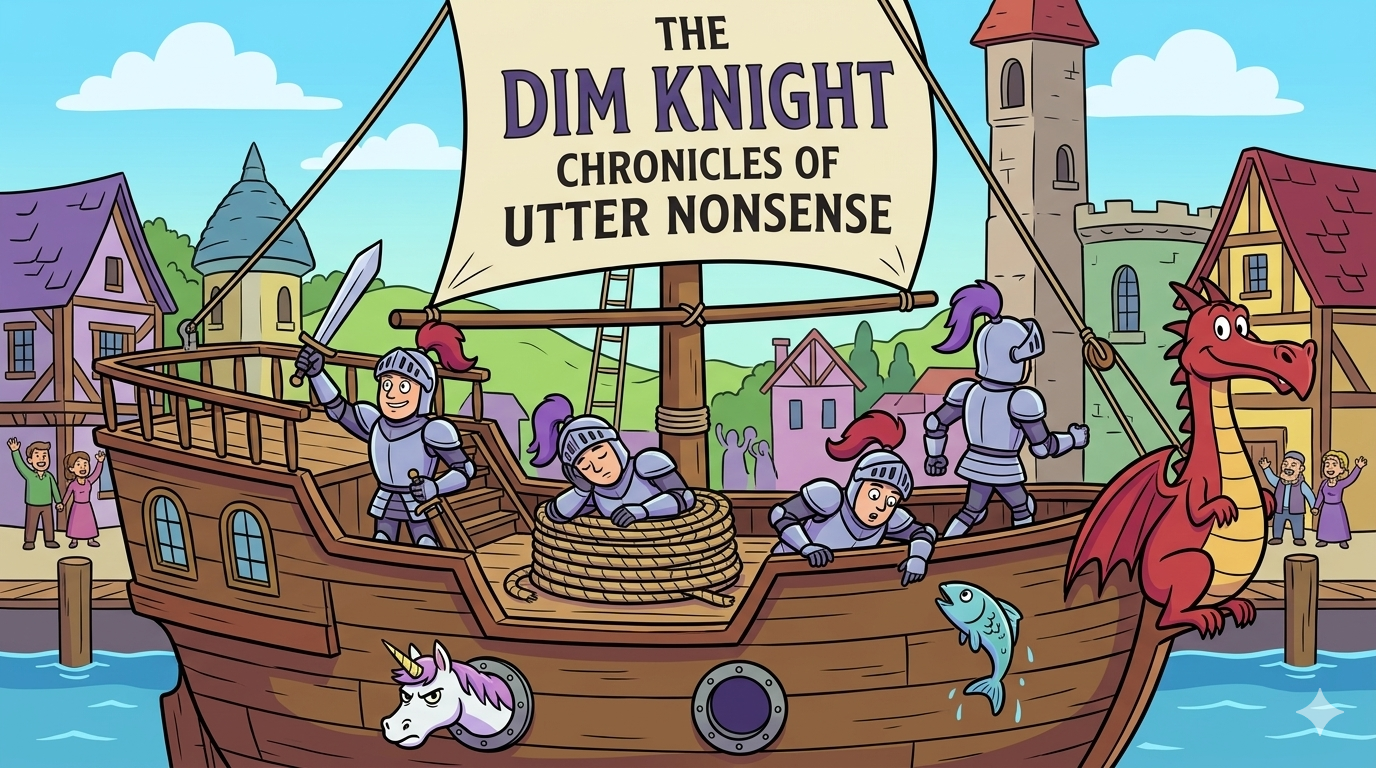 The Floating Disaster setting sail — four knights on deck, Dozy asleep in rope coil, Glitterbane grumpy through porthole, dragon on the side