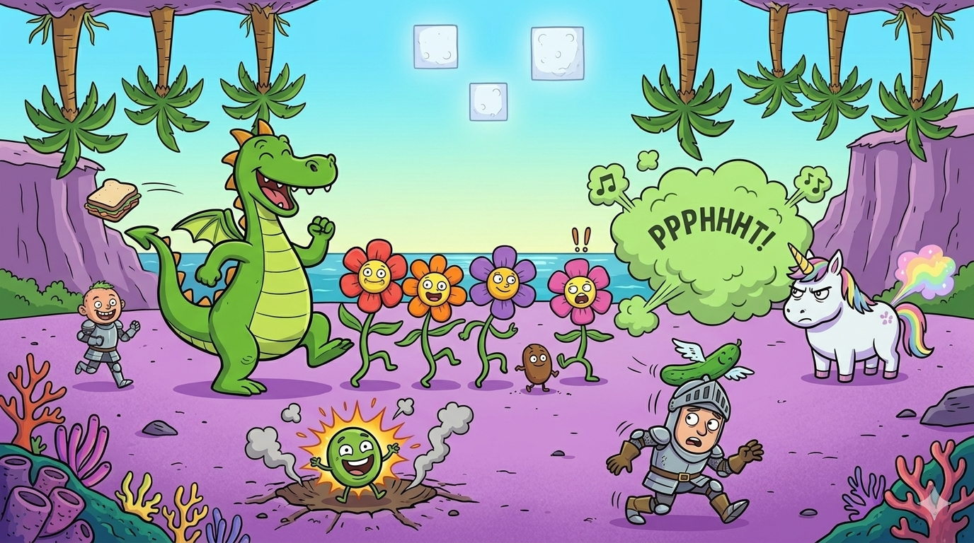 Gerald leading the conga line with dancing flowers on purple sand, Barry the Exploding Bean mid-explosion, Glitterbane rainbow-farting, knight fleeing a flying cucumber