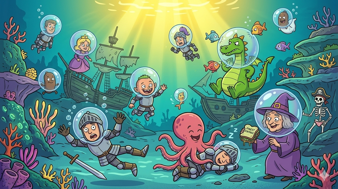 The crew underwater in magical breathing bubbles — knights sinking, Kevin swimming freely, octopus tickling Dozy who laughs in his sleep, Sand Witch holding an ancient mouldy sandwich, Gerald in a bubble with fish