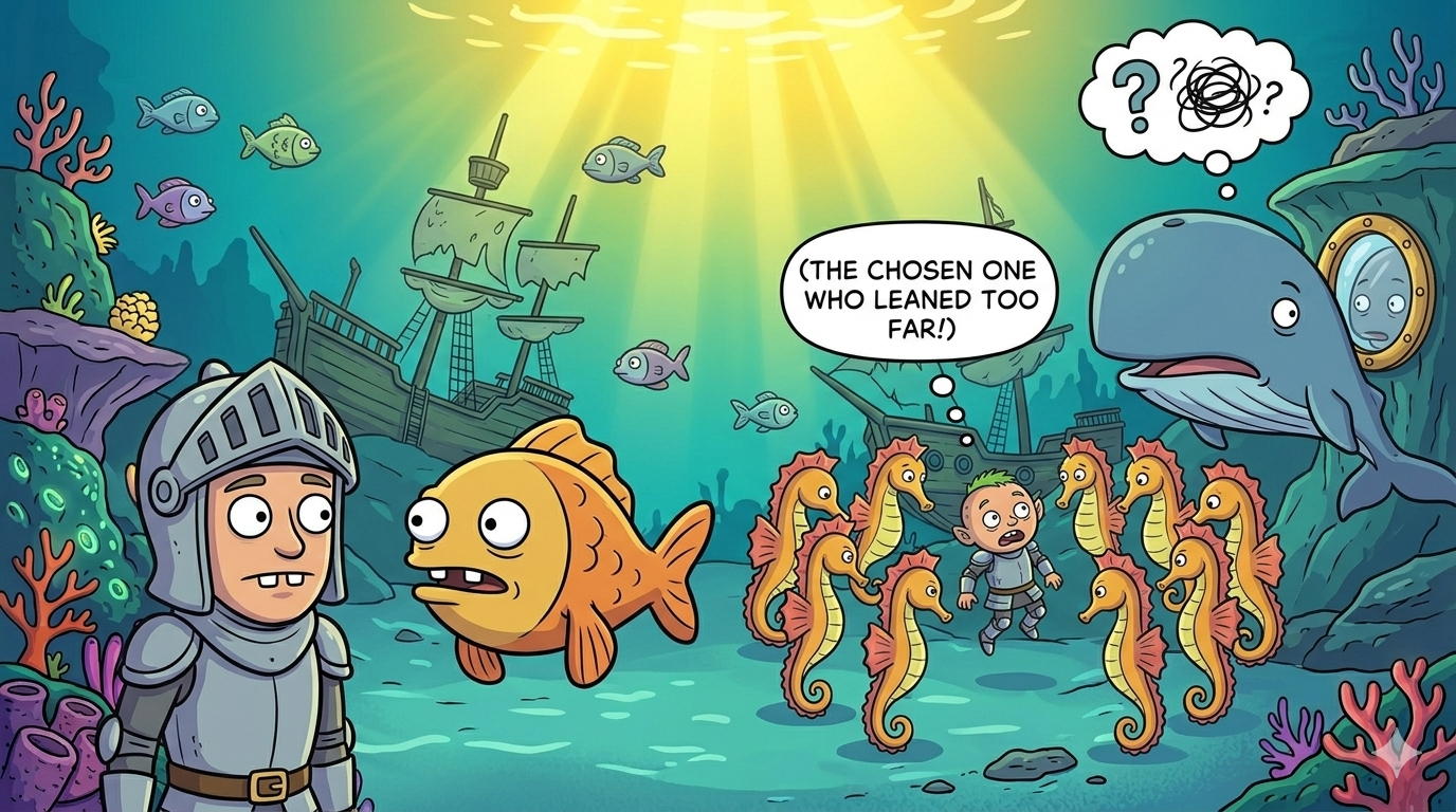 Kevin surrounded by dramatic seahorses declaring him the Chosen One, while the Confused Whale stares at itself in a porthole
