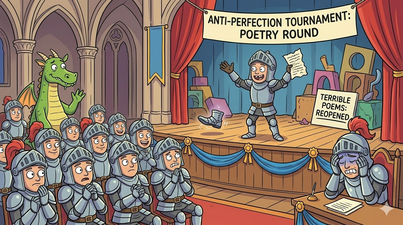 Dumb Knight on stage at the Anti-Perfection Tournament poetry round, audience of Perfect Knights looking baffled, Gerald waving from the back