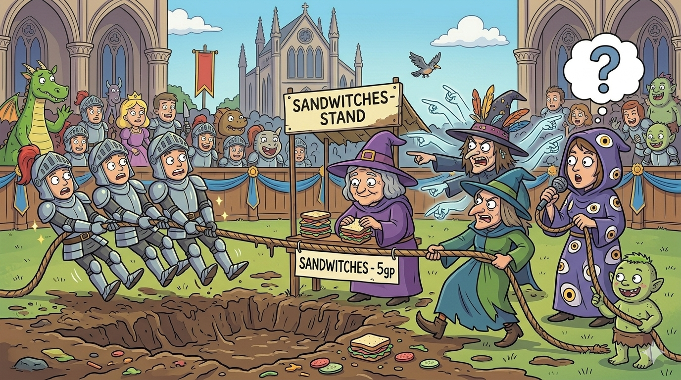 Tug of war chaos — Sand Witch has set up a sandwich stand in the middle, witches pulling in wrong directions, Kevin giving a tiny yank as Perfect Knights fly through the air