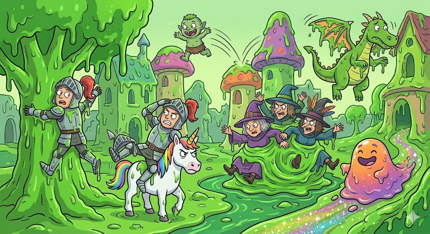 Slime Land chaos — knights stuck to slime trees, Glitterbane sliding with a knight on her back, witches tangled together, Kevin bouncing between mushroom towers, Gerald flying with gunked-up wings