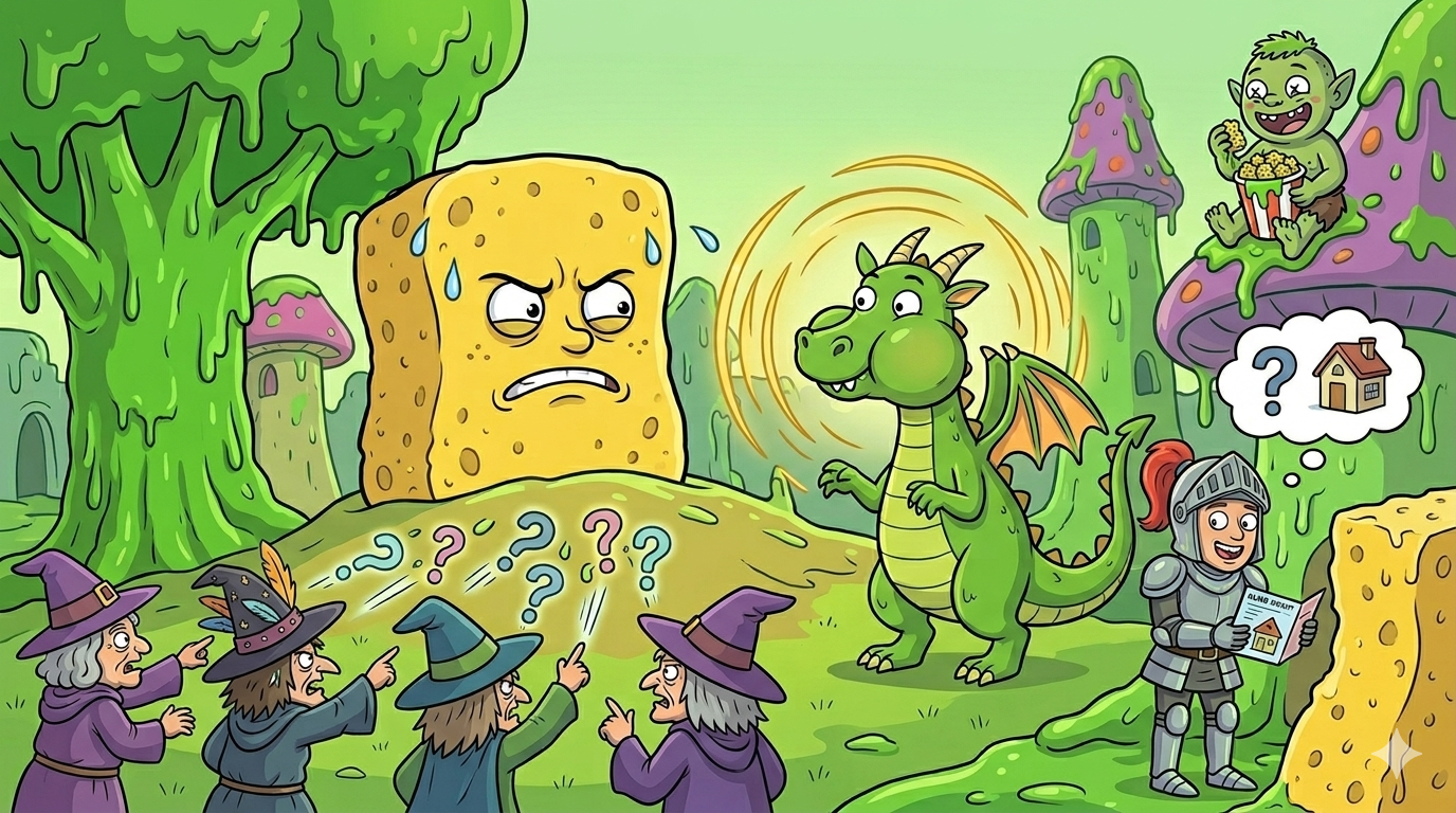 Gerald faces Absorbia the Mega Sponge — witches confuse it with questions, Kevin watches from a mushroom with popcorn, Dumb Knight has a polite conversation with the sponge