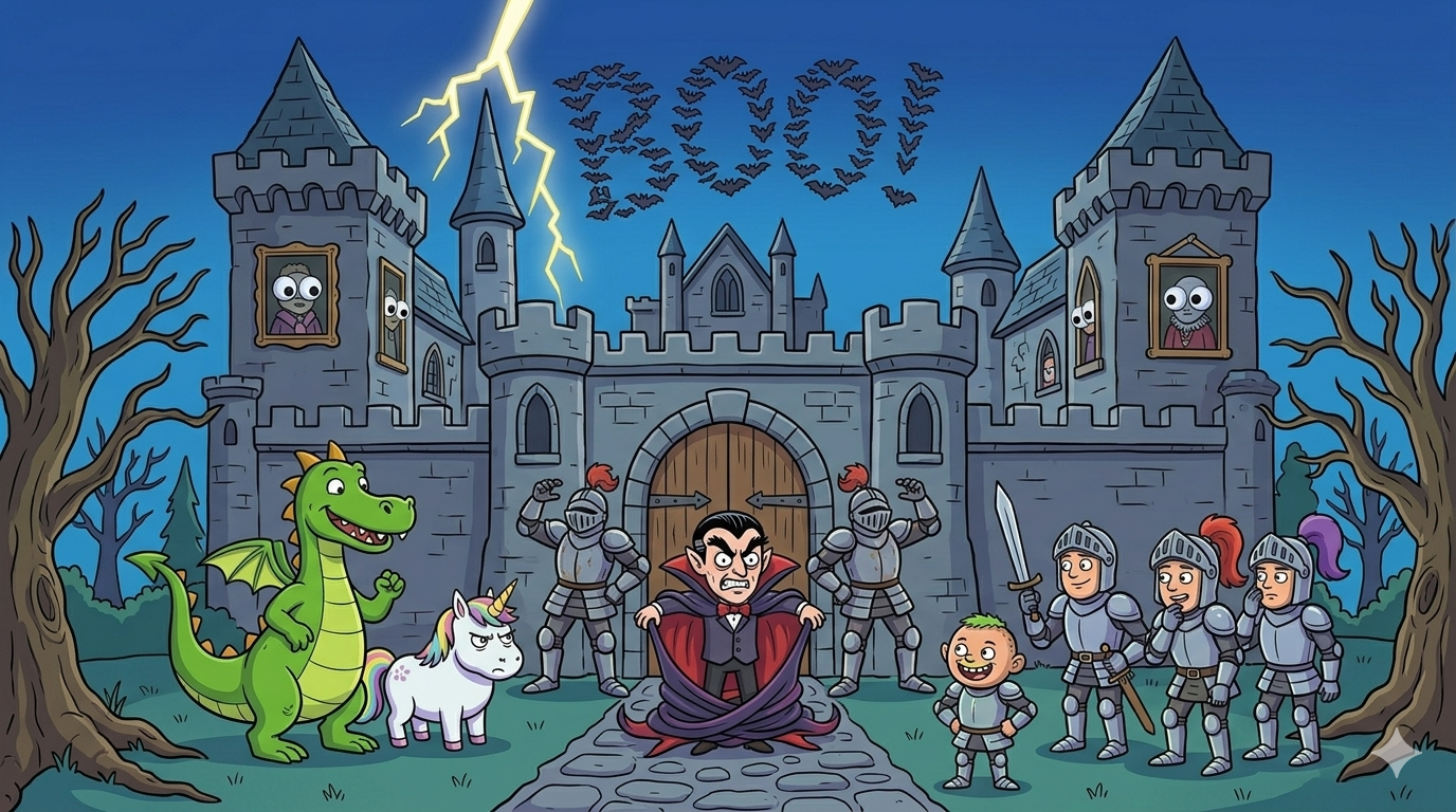 A spooky castle on a cliff at night — bats spelling BOO in the sky, lightning flashing, Count Frightful and the crew outside
