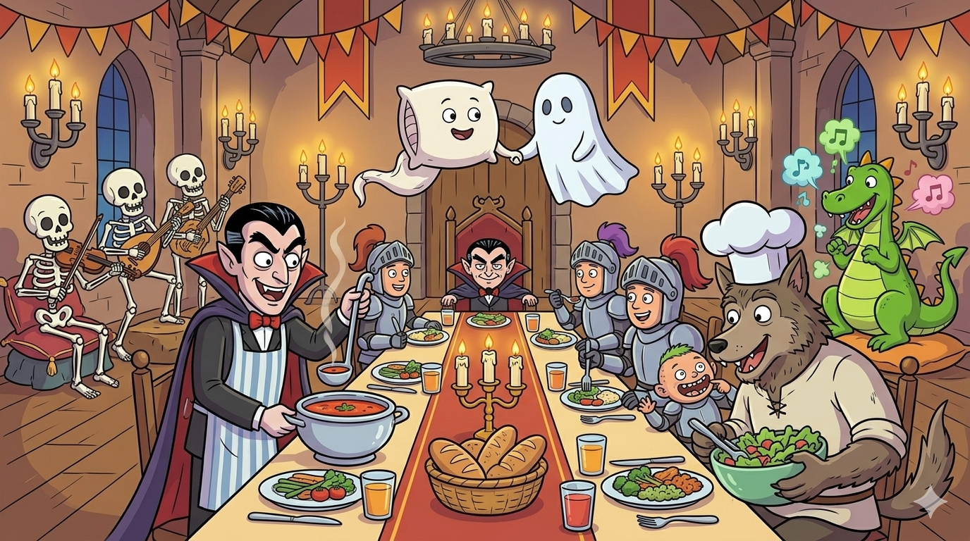Castle dinner party — vampire serving tomato soup, werewolf with salad, skeleton band playing music, ghosts floating around, Count Frightful smiling
