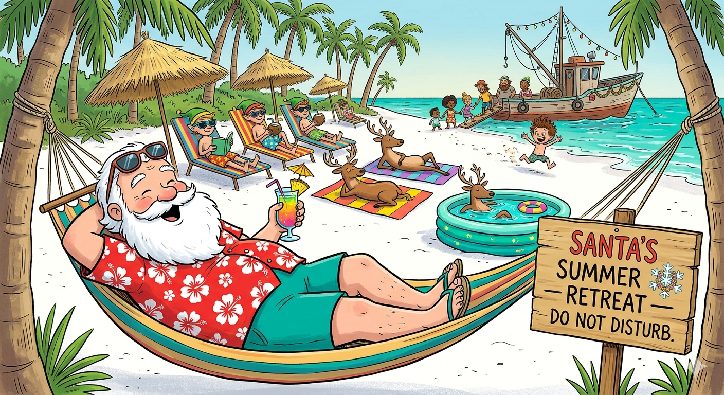 Santa relaxing in a hammock on a tropical beach in a Hawaiian shirt, cocktail in hand, elves and reindeer on holiday around him, Kevin running up the beach