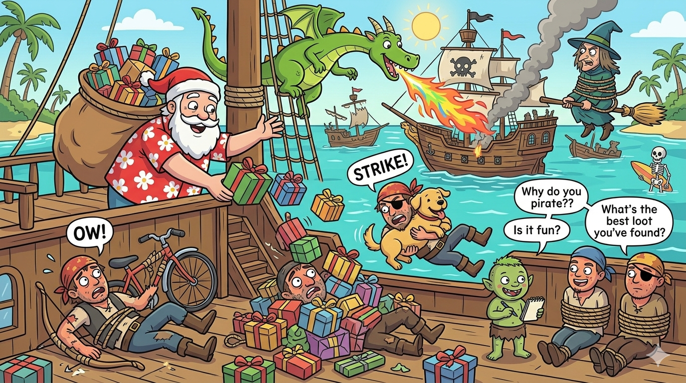 Santa hurling presents at pirates — a bike hits one pirate, presents flying everywhere, Gerald breathing fire, Which Witch tangled with a pirate, Kevin interviewing captured pirates