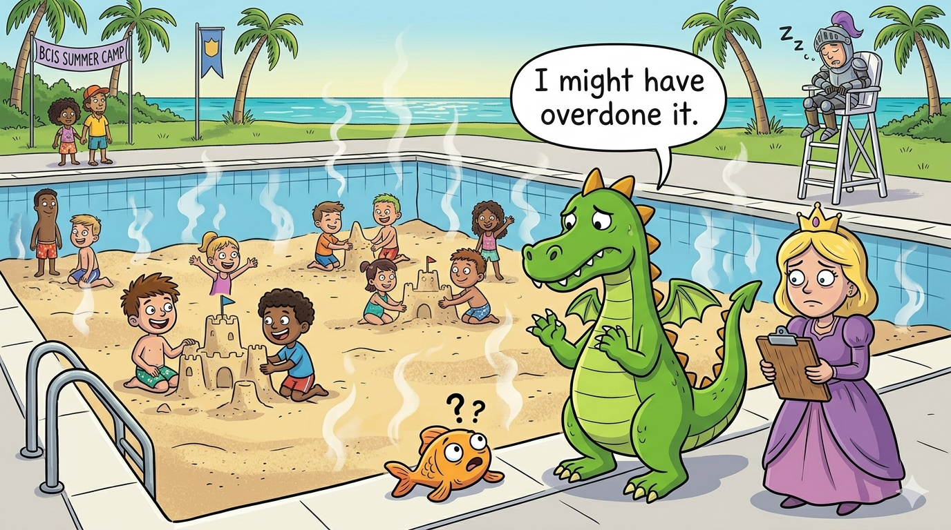 Gerald looking sheepish next to a now-empty pool full of sand, children building sandcastles, Princess Chandamel with clipboard looking exasperated, Dozy Knight asleep on lifeguard chair