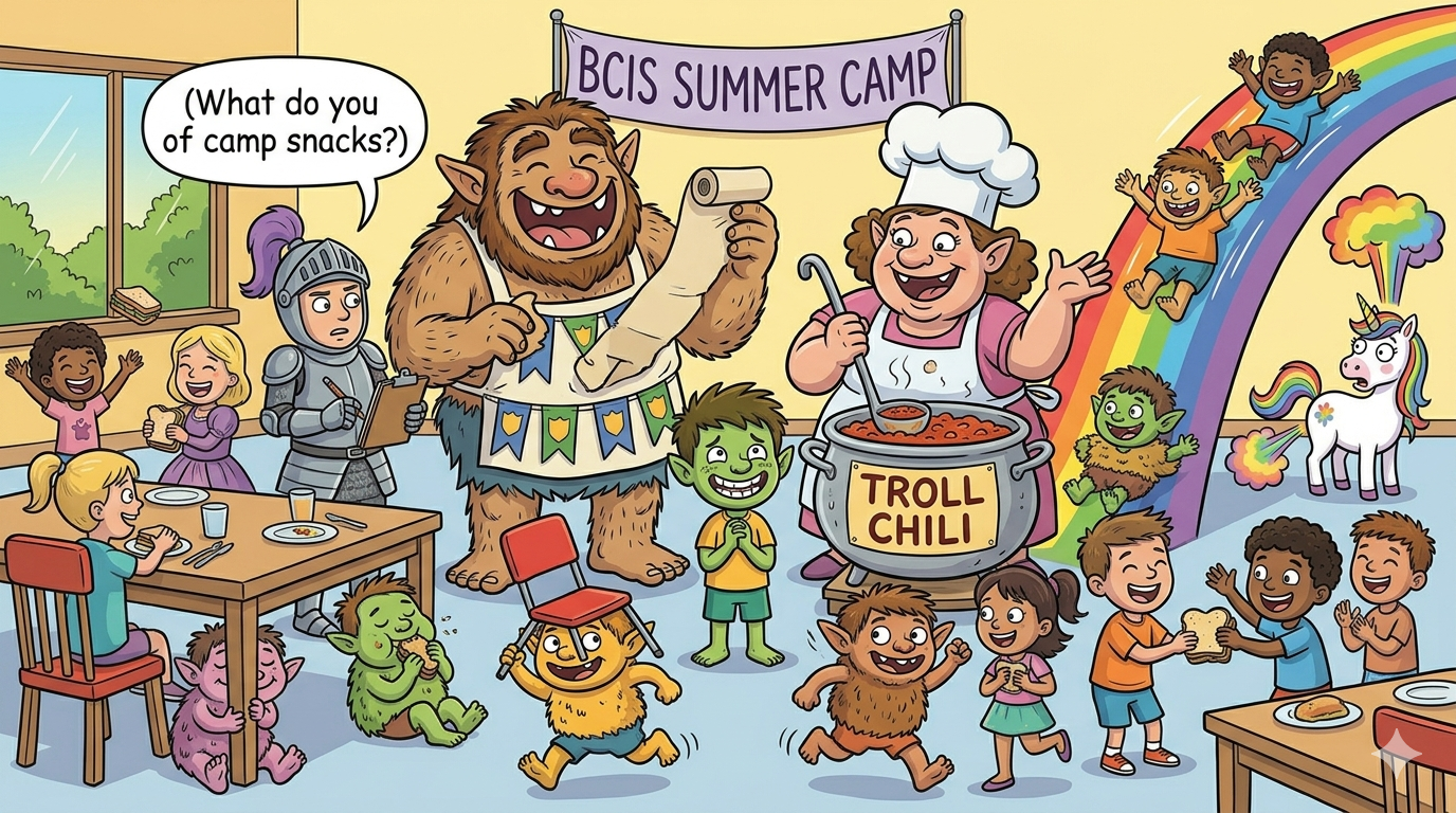 BCIS Summer Camp chaos — giant troll with troll chili pot, Kevin grinning, troll children running wild, knight with clipboard, Glitterbane and rainbow slide, children enjoying the mayhem