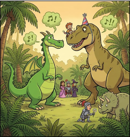 Gerald and a T-Rex with a party hat facing each other in a prehistoric jungle, both with musical fart speech bubbles, Kevin riding the T-Rex, Dumb Knight holding a flower, Princess Chandamel and Dodderick in background