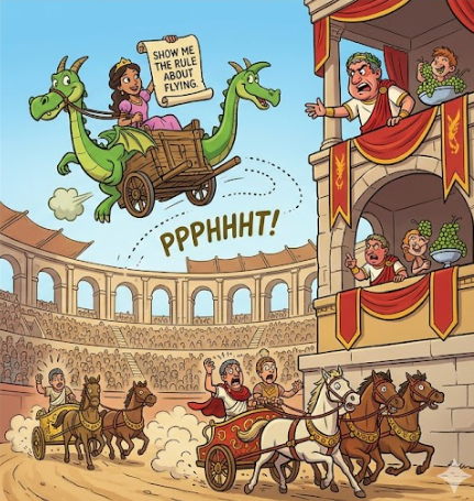 Gerald flying a chariot with Princess Chandamel inside the Colosseum, Emperor Julius confused in the stands, other chariots below, Gerald farting PPPHHHHT