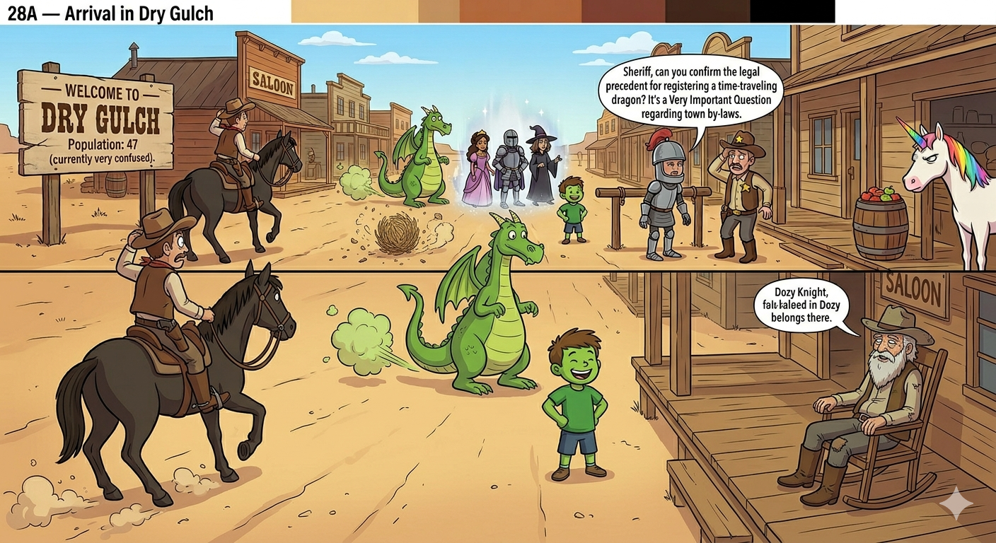 The crew arriving in Dry Gulch — Gerald, Princess Chandamel, Kevin, Glitterbane, a knight, sheriff scratching his head, 'Welcome to Dry Gulch — Population 47, currently very confused' sign