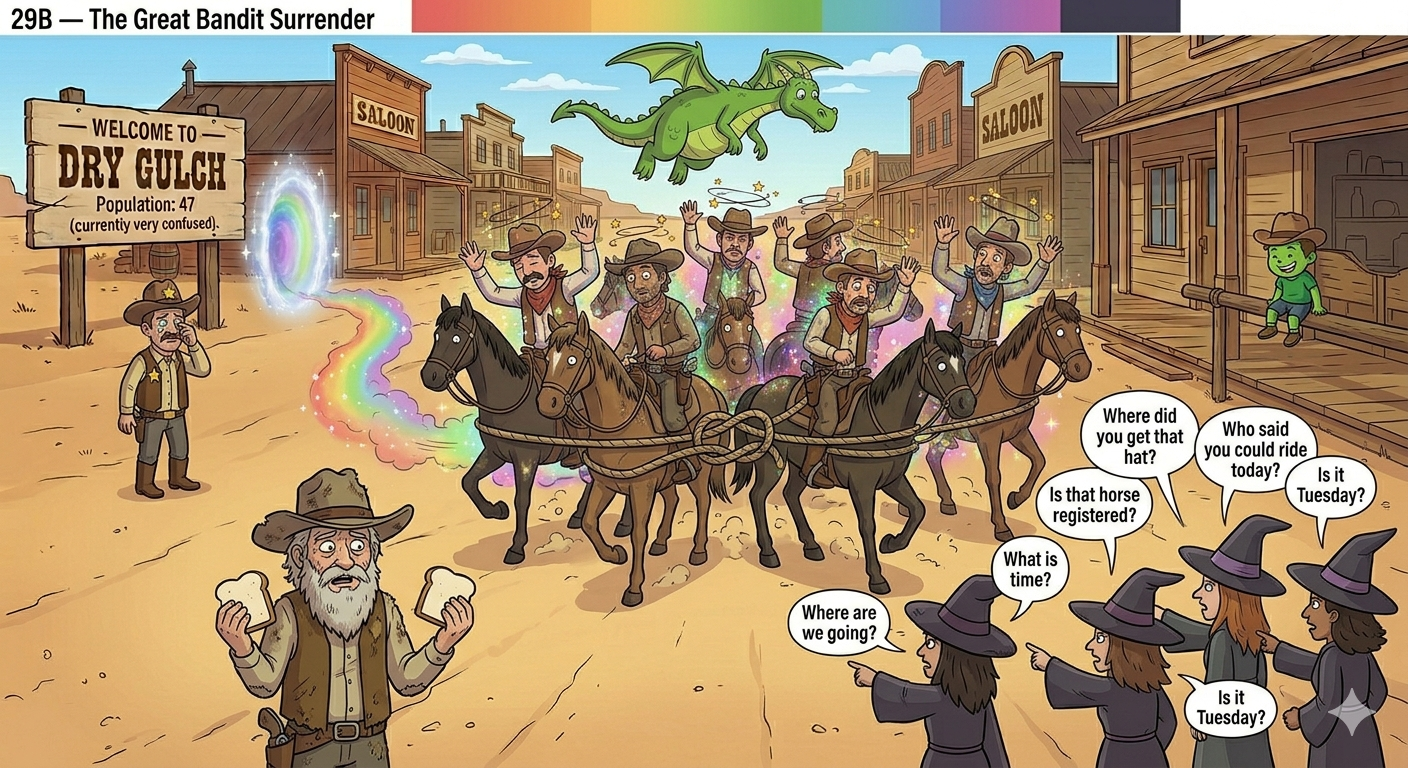 Bandits tied together on horses in a glittery rainbow swirl, hands raised, Kevin watching from a doorway, Gerald flying above, witches debating, sheriff looking stunned, Dry Gulch street