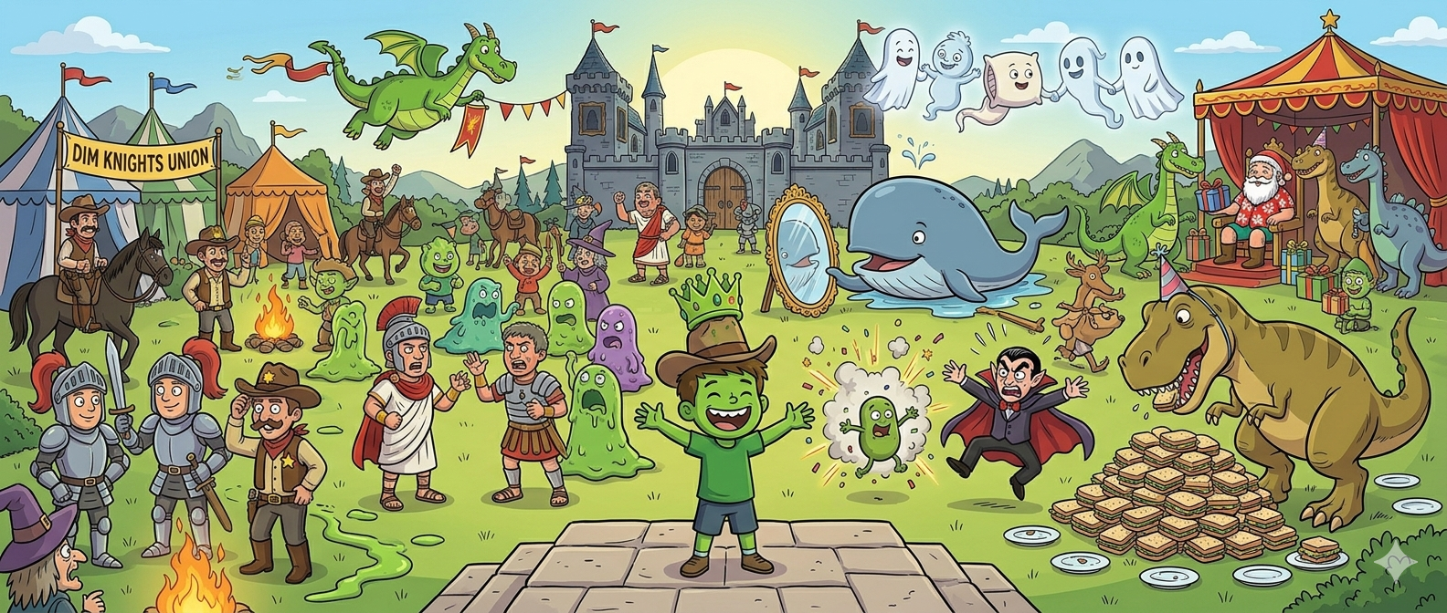 Grand gathering outside Confusington Castle — Kevin centre stage with crown and cowboy hat, knights, cowboys, Romans, slime creatures, witches, Santa, whale, dinosaurs, DIM KNIGHTS UNION banner, exploding bean