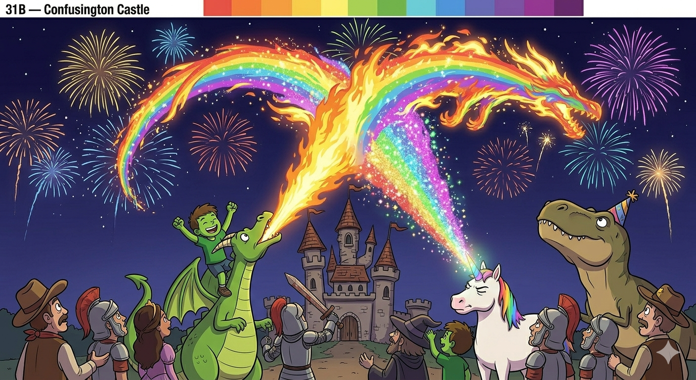 Gerald breathing fire and Glitterbane farting rainbows — their streams combine into a giant rainbow fire dragon in the night sky, fireworks everywhere, Kevin riding Gerald, crowd watching below, T-Rex with party hat