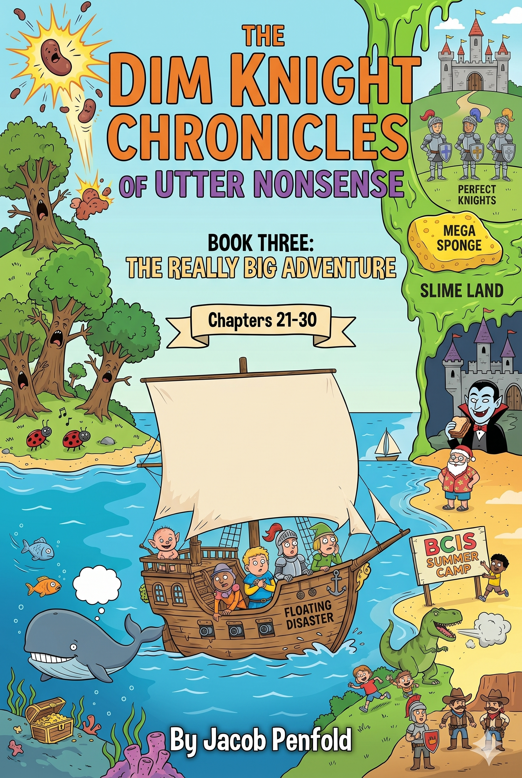 The Dim Knight Chronicles Book Three cover — The Floating Disaster, Weird Island, Kevin the baby troll, and all the crew